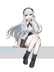  1girl black_hairband black_ribbon black_skirt commentary_request floating_hair grey_hair hairband highres jacket kashimiya_karua long_hair long_sleeves looking_at_viewer mole mole_under_eye neck_ribbon ribbon sitting skirt solo the_hundred_line_-last_defense_academy- tkiura_runa violet_eyes white_jacket 