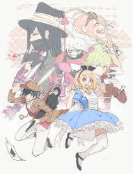  2girls 5boys ^_^ ace_(playing_card) ace_of_clubs ace_of_hearts ace_of_spades ahoge akamatsu_kaede alice's_adventures_in_wonderland alice_(alice_in_wonderland) alice_(alice_in_wonderland)_(cosplay) amami_rantaro androgynous android animal_ears animal_hands antenna_hair apron aqua_hair armor back_bow bare_arms black_bow black_hairband black_hat black_mask black_shoes black_umbrella blazer blonde_hair blue_dress blue_eyes blue_shirt bow bow_hairband bowtie breastplate brown-framed_eyewear brown_hat brown_jacket brown_shoes brown_vest card cat_boy cat_ears cat_tail chain cheshire_cat_(alice_in_wonderland) cheshire_cat_(alice_in_wonderland)_(cosplay) clenched_teeth closed_eyes closed_umbrella club_(shape) collarbone collared_jacket collared_shirt commentary cosplay covered_mouth cup danganronpa_(series) danganronpa_v3:_killing_harmony deerstalker dress dress_pants dress_shirt dress_shoes english_commentary evil_grin evil_smile expressionless extra_ears eyelashes fake_claws finger_to_mouth floating floating_card floating_clothes floppy_ears frilled_apron frilled_dress frills full_body gloves goggles goggles_on_head gold_chain green_eyes green_jacket grin hair_between_eyes hair_bow hair_ornament hairband hairclip hand_on_headwear happy hat heart highres holding holding_cup holding_polearm holding_umbrella holding_weapon iruma_miu jacket jumpsuit k1-b0 kaziearts kemonomimi_mode lapels long_hair long_sleeves mad_hatter_(alice_in_wonderland) mad_hatter_(alice_in_wonderland)_(cosplay) mary_janes mask messy_hair mouth_mask multiple_boys multiple_girls musical_note musical_note_hair_ornament necktie nervous nervous_sweating notched_lapels oma_kokichi open_clothes open_jacket open_mouth orange_necktie outline pants paw_gloves paw_shoes pink_bow pink_bowtie pink_eyes pink_jumpsuit pink_shirt pink_shoes pinstripe_hat plaid_clothes plaid_jacket playing_card pleated_dress pocket_watch pointy_nose polearm puffy_short_sleeves puffy_sleeves purple_gloves purple_jumpsuit purple_shoes rabbit_boy rabbit_ears red_bow red_bowtie red_vest saihara_shuichi sailor_collar shinguji_korekiyo shirt shirt_under_dress shoes short_dress short_hair short_sleeves sidelocks smile spade_(shape) spear spitting steam striped_jumpsuit striped_shoes striped_umbrella surprised sweat tail teabag teacup teeth thigh-highs top_hat two-tone_jumpsuit two-tone_shirt umbrella unamused vest watch wavy_mouth weapon white_apron white_background white_bow white_outline white_pants white_rabbit_(alice_in_wonderland) white_rabbit_(alice_in_wonderland)_(cosplay) white_sailor_collar white_shirt white_thighhighs wide-eyed yellow_bow yellow_bowtie zipper zipper_pull_tab 