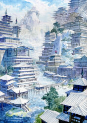  architecture bridge building commentary_request day east_asian_architecture highres kyuui no_humans original outdoors painting_(medium) pedestrian_bridge scenery traditional_media tree watercolor_(medium) 