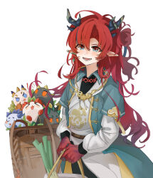  1boy :d absurdres anger_vein annotated arknights bag black_horns blue_eyes blush chinese_commentary chongyue_(arknights) colored_extremities commentary_request dragon_bean_(arknights) dusk_(arknights) eyes_visible_through_hair fang food grey_horns hair_between_eyes hair_intakes highres holding holding_bag horns layered_sleeves ling_(arknights) long_hair long_sleeves male_focus nian_(arknights) official_alternate_costume open_mouth pointy_ears puppyama04 red_hair short_over_long_sleeves short_sleeves shu_(arknights) simple_background smile solo white_background yu_(arknights) yu_(clear_morning_view)_(arknights) 