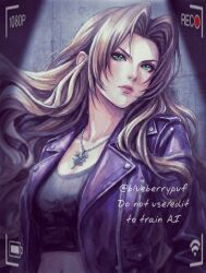  1girl aerith_gainsborough alternate_costume black_shirt breasts brown_hair crop_top final_fantasy final_fantasy_vii flower flower_necklace green_eyes highres jacket leather leather_jacket long_hair medium_breasts midriff monsterbf1ilove parted_bangs parted_lips pink_lips purple_jacket recording ribbed_shirt shirt solo upper_body viewfinder wavy_hair 