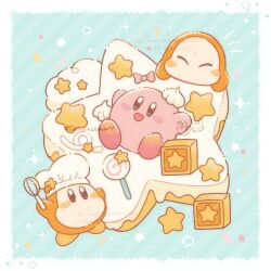  blue_eyes blush blush_stickers border brown_eyes cake candy chef_hat closed_eyes food happy hat highres kirby kirby_(series) lollipop mixed-language_commentary no_humans smile star_(symbol) temariame14 toy_block twitter_username waddle_dee whipped_cream whisk white_border 
