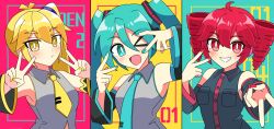  >_o 3girls ;d ahoge akita_neru aqua_background aqua_hair aqua_nails aqua_necktie aqua_trim black_sleeves blonde_hair breast_pocket bright_pupils commentary_request detached_sleeves double_v drill_hair grey_shirt grey_sleeves grin hatsune_miku highres kasane_teto kasane_teto_(utau) looking_at_viewer multiple_girls necktie one_eye_closed open_mouth pink_background pink_eyes pink_hair pink_nails pink_trim pocket shirt side_ponytail sleeveless sleeveless_shirt smile tahanaexx twin_drills twintails upper_body utau v v_over_eye vocaloid white_pupils yellow_background yellow_eyes yellow_nails yellow_necktie yellow_trim 