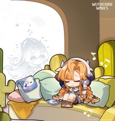  +_+ 2girls absurdres aemeath_(wuthering_waves) closed_eyes closed_mouth commentary couch english_commentary highres indoors listening_to_music logo long_hair multiple_girls musical_note official_art on_couch orange_hair sigrika_(wuthering_waves) sitting smile veil white_veil wuthering_waves 