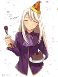  1girl absurdres birthday blush cake confetti dated eating fate/stay_night fate_(series) food fork guroto hat highres illyasviel_von_einzbern long_hair party_hat solo twitter_username white_hair 