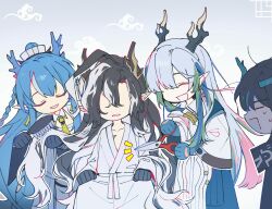  2boys 2girls absurdres arknights brother_and_sister brothers brushing_hair chibi dragon_boy dragon_girl dragon_horns dusk_(arknights) faceless faceless_male heishisei highres holding holding_scissors horns ling_(arknights) multiple_boys multiple_girls scissors siblings sisters smile sweat wang_(arknights) yi_(arknights) 