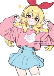  1girl aikatsu! aikatsu!_(series) alternate_hairstyle artist_name belt_collar black_nails blonde_hair blue_choker blue_skirt bow bow_hairband choker collar commentary contrapposto cowboy_shot dated dot_nose double_v english_text grin hair_between_eyes hairband hands_up happy highres hoshimiya_ichigo itinana legs_apart light_blush long_hair long_sleeves low_twintails miniskirt pink_shirt print_shirt red_bow red_eyes red_hairband shirt shirt_tucked_in simple_background skindentation skirt smile solo standing star_(symbol) straight-on straight_hair thigh-highs twintails twitter_username v white_background white_thighhighs zettai_ryouiki 