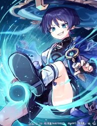  1boy anemo_symbol_(genshin_impact) armor belt black_belt black_bodysuit black_bridal_gauntlets black_sandals black_shorts blue_background blue_cape blue_eyes blue_gem blue_hat blue_kimono blue_pupils blue_sleeves blunt_ends bodysuit bridal_gauntlets bright_pupils cape commentary_request dated eyeliner feathers fingernails furisode gem genshin_impact gold gold_ring grin gurumin_(gurruguru) hair_between_eyes hat incoming_attack japanese_armor japanese_clothes jingasa juban kimono kote kurokote layered_sleeves leg_warmers makeup male_focus middle_ring mismatched_pupils open_clothes open_hand open_kimono pom_pom_(clothes) purple_hair purple_rope purple_sash red_eyeliner rope sandals sash scaramouche_(genshin_impact) short_sleeves shorts shoulder_peek smile solo tassel teeth tsurime turtleneck turtleneck_bodysuit vision_(genshin_impact) vortex wanderer_(genshin_impact) watermark white_kimono white_leg_warmers white_pupils white_sleeves white_trim wind yellow_feathers zouri 
