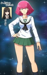  2girls black_jacket black_neckerchief black_socks blue_eyes breasts brown_hair clapping commentary_request cross girls_und_panzer green_skirt gundam haman_karn hand_on_own_hip highres hime_cut jacket kneehighs large_breasts long_hair long_sleeves looking_at_viewer mature_female miniskirt multiple_girls neckerchief nishizumi_shiho omachi_(slabco) ooarai_school_uniform pleated_skirt sailor_collar school_uniform serafuku shirt short_hair skirt smile socks standing star_(sky) starry_sky_background straight_hair sunglasses white_sailor_collar white_shirt zeta_gundam 