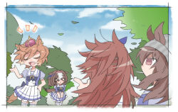  >_< 4girls :d ahoge animal_ears beanie beer_hsk black_bow blue_ribbon blue_sky bow breasts brown_eyes brown_hair closed_eyes clouds commentary_request crown day ear_ribbon ears_through_headwear falling_leaves grey_hat hair_between_eyes hairband hand_on_own_hip hat horse_ears horse_girl horse_tail large_breasts leaf long_hair meisho_doto_(umamusume) mini_crown multicolored_hair multiple_girls nakayama_festa_(umamusume) orfevre_(old_design)_(umamusume) outdoors parted_lips pink_hairband pleated_skirt puffy_short_sleeves puffy_sleeves purple_bow purple_shirt ribbon school_uniform shirt short_sleeves skirt sky smile striped_clothes striped_headwear t.m._opera_o_(umamusume) tail tracen_school_uniform tree two-tone_hair umamusume vertical-striped_clothes vertical-striped_headwear white_hair white_skirt wind 