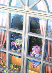  2girls black_hairband black_hat blue_shirt box buttons closed_mouth commentary curtains daia_(daia9132) eyeball fang frilled_shirt_collar frilled_sleeves frills green_eyes green_hair hair_ornament hairband hat heart heart-shaped_box heart_button heart_hair_ornament holding holding_box komeiji_koishi komeiji_satori long_sleeves multiple_girls open_clothes pink_eyes pink_hair plant potted_plant ribbon-trimmed_collar ribbon_trim shirt siblings sisters skin_fang smile third_eye touhou valentine wide_sleeves yellow_shirt 