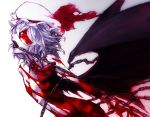 1girl bat_wings blood brooch chain cravat detached_collar fangs flat_chest frills hat hat_ribbon jewelry lavender_hair mazeran mob_cap navel nude open_mouth red_eyes remilia_scarlet restrained ribbon short_hair solo touhou wings wrist_cuffs 
