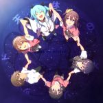  1boy 5girls blue_hair brown_eyes brown_hair circle_formation copyright_name from_above highres holding_hands komiya_nonoka long_hair mido_(mimizuku-hukuro) mizusaka_souta mizusaka_yuzuki multiple_girls noel_(sora_no_method) school_uniform scrunchie shiihara_koharu short_hair side_ponytail sora_no_method togawa_shione violet_eyes 