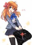  1girl bag black_legwear bow character_name crazyzoe gekkan_shoujo_nozaki-kun hair_bow keychain open_mouth orange_hair paras pokemon polka_dot polka_dot_bow sakura_chiyo school_bag school_uniform smile thigh-highs violet_eyes 