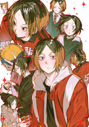  1boy animalization black_hair black_hoodie black_jacket black_shirt black_sweater_vest blonde_hair cat child collared_shirt commentary_request grey_hoodie haikyuu!! highres hood hood_down hoodie ikaooi1 jacket kozume_kenma male_focus multicolored_hair multiple_views nekoma_volleyball_uniform red_jacket roots_(hair) shirt short_hair simple_background sparkle sportswear sweat sweater_vest track_jacket two-tone_hair volleyball_uniform white_background white_shirt wide-eyed yellow_eyes 