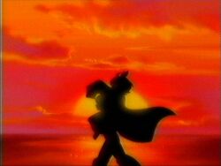  1990s_(style) 1boy 1girl agnes_tachyon_(tach-nology)_(umamusume) agnes_tachyon_(umamusume) ahoge animal_ears carrying carrying_person faux_retro_artstyle highres horse_ears horse_girl horse_tail huge_ahoge lab_coat long_hair lueduar lumine_(mega_man) mega_man_(series) mega_man_x_(series) ocean piggyback retro_artstyle shadow sleeves_past_wrists sunset tail umamusume very_long_hair vhs_artifacts 