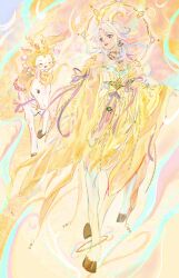  1girl ^_^ absurdres animal antlers aqua_eyeshadow bare_shoulders beads blue_eyes cat centauroid chinese_clothes chinese_commentary chroma's_mortal_heart_(infinity_nikki) clenched_hand cloak closed_eyes clothed_animal commentary_request deer_antlers deer_girl detached_sleeves dress ear_covers eyeshadow fake_horns fire full_body halo halo_behind_head happy highres hood hood_up hooded_cloak horns horseback_riding infinity_nikki lipstick long_hair long_sleeves looking_to_the_side makeup momo_(nikki) nikki_(series) official_alternate_costume parted_lips purple_ribbon red_lips ribbon riding saddle sleeve_ribbon sleeves_past_wrists smile strapless strapless_dress taur waist_ribbon whiskers white_cat white_hair wide_sleeves yellow_background yellow_cloak yellow_dress yellow_halo yellow_horns yellow_sleeves yellow_theme yutian_gong_ze 