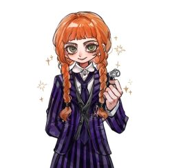  1girl agnes_demille arm_behind_back black_vest blunt_bangs braid closed_mouth collared_shirt cowboy_shot green_eyes gucandiyi52092 hair_over_shoulder hair_tie holding holding_key jacket key keyring long_hair looking_at_viewer necktie orange_hair purple_jacket purple_necktie purple_skirt school_uniform shirt skirt smile solo sparkle striped_clothes striped_jacket striped_skirt suit_jacket the_addams_family twin_braids vest wednesday_(netflix) white_background white_shirt 