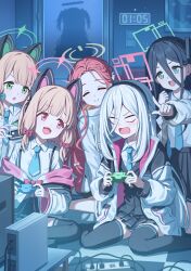  6+girls absurdres angry animal_ear_headphones animal_ears aqua_bow aqua_necktie aris_(blue_archive) black_hair black_hairband black_jacket black_shirt black_skirt black_socks black_thighhighs blank_eyes blonde_hair blue_archive blue_eyes blue_halo blue_necktie bow bowtie braid cat_ear_headphones cat_ears checkered_floor clock closed_eyes collared_shirt commentary_request controller dark_room digital_clock door extension_cord fake_animal_ears game_console game_controller green_eyes green_halo green_jacket hair_bow hairband halo happy headphones highres holding holding_controller holding_game_controller indian_style indoors jacket jacket_partially_removed kei_(blue_archive) kei_(new_body)_(blue_archive) kneeling long_hair looking_at_another midori_(blue_archive) momoi_(blue_archive) multicolored_jacket multiple_girls multiple_hair_bows necktie open_mouth picture_frame pink_bow pink_bowtie pink_eyes pink_halo pink_jacket pleated_skirt pointing pointing_at_object pointing_forward power_switch rectangular_halo red_hair red_halo shirt siblings silhouette simoumi_217 single_braid sisters sitting skirt smile socks table thigh-highs twins twitter_username two-tone_jacket wariza watermark white_bow white_hair white_jacket white_shirt yellow_halo yellow_jacket yuuka_(blue_archive) yuzu_(blue_archive) 