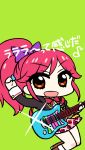  1girl :d aikatsu! arm_up chan_co chibi green_background guitar instrument open_mouth otoshiro_seira plectrum ponytail red_eyes redhead smile solo translation_request 