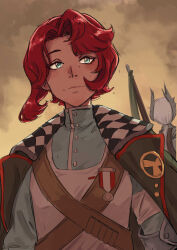  2girls absurdres belt blue_eyes blue_shirt brown_belt brown_sky closed_mouth facing_away facing_viewer grey_hair highres looking_to_the_side marsha_(reverse:1999) mole mole_under_eye multiple_girls oscar_fong red_hair reverse:1999 sentinel_(reverse:1999) shirt short_hair shoulder_belt sky solo_focus upper_body 