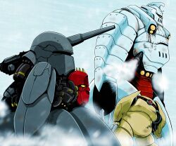  absurdres armor ayachu_(getter_robo_artist) barsov_8000d black_armor cannon claws colored_sclera commentary_request from_side getter_robo getter_robo_go gremel_20-md highres mecha mecha_focus multicolored_armor no_humans red_armor red_eyes robot volga_80000 white_armor yellow_sclera 