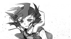  1boy arms_at_sides bare_shoulders colored_bangs crying crying_with_eyes_open dirt facing_to_the_side furrowed_brow grey_eyes grey_hair grey_shirt grey_vest highres hood hooded_vest hoodie light_particles looking_ahead male_focus monochrome open_clothes open_mouth open_vest shirt sleeveless sleeveless_shirt spiky_hair streaming_tears sweatdrop teardrop tearing_up tears tomoribiyumeka tsukumo_yuma upper_body vest white_background white_hood wind yu-gi-oh! yu-gi-oh!_zexal 