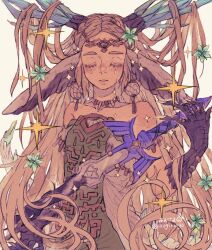  1girl animal_earrings aogoma armlet bags_under_eyes bare_shoulders blonde_hair blue_flower blush breasts claws closed_eyes commentary cowboy_shot dragon_ears dragon_girl dragon_horns dress facial_mark flower hair_flower hair_ornament highres holding holding_sword holding_weapon horns jewelry light_dragon_(zelda) long_hair master_sword medium_breasts parted_lips princess_zelda silent_princess solo sparkle strapless strapless_dress sword teardrop_facial_mark the_legend_of_zelda the_legend_of_zelda:_tears_of_the_kingdom transformation twitter_username untranslatable_commentary weapon white_background 