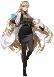  1girl belt black_belt black_boots black_gloves black_hairband black_pantyhose black_skirt blonde_hair boots breasts brown_sweater chest_harness coat coat_on_shoulders demeter_(fate) earrings fate/grand_order fate_(series) full_body game_cg glasses gloves gun hairband handgun harness highres holster jewelry large_breasts long_hair looking_at_viewer necklace official_art okojo outline pantyhose second-party_source skirt solo standing standing_on_one_leg sweater tachi-e transparent_background turtleneck turtleneck_sweater very_long_hair weapon white_coat white_outline yellow_eyes 