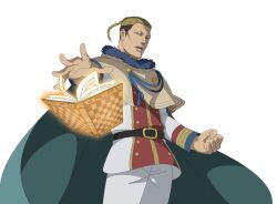  1boy absurdres aqua_cape belt black_belt black_clover black_clover_m:_rise_of_the_wizard_king book brown_capelet brown_hair cape capelet clenched_hand golden_dawn_(emblem) grimoire highres incredibly_absurdres jacket looking_at_viewer multicolored_jacket non-web_source official_art open_book open_mouth pants red_jacket short_hair simple_background siren_tium solo teeth transparent_background two-tone_jacket upper_body upper_teeth_only white_jacket white_pants 