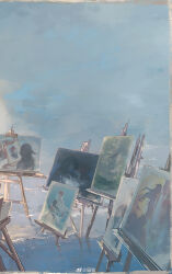  absurdres au_ra border canvas_(object) chinese_commentary clouds cloudy_sky commentary_request easel final_fantasy final_fantasy_xiv highres mei_ren miqo'te original painting_(object) sky water watermark weibo_watermark white_border 