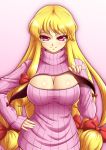  1girl alternate_costume blonde_hair bow breasts cleavage gap hair_bow hat highres large_breasts long_hair long_sleeves looking_at_viewer mazume no_hat open-chest_sweater ribbed_sweater simple_background smile solo sweater touhou turtleneck turtleneck_sweater violet_eyes yakumo_yukari 