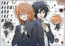  2boys antenna_hair black-framed_eyewear black_eyes black_hair black_jacket blood blood_on_knife boxcutter chibi chibi_inset commentary_request english_text gakuran gloves grey_background hair_between_eyes hand_up highres hinomiya_shou holding holding_boxcutter holding_knife jacket knife long_sleeves looking_at_viewer male_focus medium_hair multiple_boys open_clothes open_jacket open_mouth orange_hair randal's_friends randal_ivory rectangular_eyewear school_uniform shirt short_hair sparkle teeth tsukada_satoru upper_body upper_teeth_only white_gloves white_shirt 