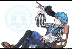  1boy arm_up bell_sleeves black_pantyhose blue_bow blue_bowtie blue_eyes blue_hair blue_shorts blue_vest bow bowtie brown_shoes commentary_request fate/extra fate/extra_ccc fate_(series) foot_out_of_frame full_body hans_christian_andersen_(fate) highres holding holding_pen huo_ting leaning_back long_sleeves looking_at_viewer lower_teeth_only male_focus open_mouth pantyhose pen quill shoes shorts simple_background sitting solo teeth vest white_background 