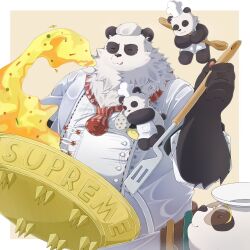  1boy :3 animal_ears chef_hat closed_eyes cooking food fried_rice furry furry_male hashtag-only_commentary hat highres holding holding_spatula holding_spoon male_focus official_alternate_costume pan_yinhu pan_yinhu_(culinary_jewel) panda_boy panda_ears plate_on_head shirt smile spatula spoon sunglasses tianci233 tongue white_shirt wooden_spoon zenless_zone_zero 
