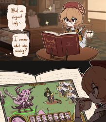  1girl absurdres beret book cafe centurii-chan clio_aite commentary counter cup dark_elf drinking elf english_commentary english_text hat highres holding holding_cup kaneko_lumi laurels orange_eyes orange_hair phase_connect playing_games playing_video_games pointy_ears round_eyewear round_table short_hair slaanesh speech_bubble table tablet_pc teacup the_masque_of_slaanesh thought_bubble total_war total_war:_warhammer video_game warhammer_40k warhammer_fantasy 