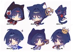  5boys :3 alternate_costume animal_ear_fluff animal_ear_hood animal_ears animalization apple arm_at_side arm_up armor belt black_belt black_cape black_cat black_cloak black_hood black_shoes black_shorts black_sleeves black_socks blue_eyes blunt_ends book cape cat cat_boy cat_ears cat_tail chibi chibi_only choppy_bangs cloak coat collared_shirt commentary crossed_legs crown dress_shirt ear_piercing earrings eyeliner feathers food fruit fur-trimmed_cape fur_trim furisode_sleeves genshin_impact gold_crown gold_earrings grey_shirt hair_intakes highres holding holding_book holding_staff hood hood_up hooded_cloak japanese_armor jewelry knee_up kote kurokote kuronushi_(genshin_impact) light_blush long_sleeves looking_at_viewer makeup mitsudomoe_(shape) multicolored_hair multiple_boys multiple_persona open_book open_clothes open_coat open_mouth pants person_and_animalization piercing purple_cloak raised_eyebrows red_cape red_eyeliner red_hair rounded_collar scaramouche_(cat)_(genshin_impact) scaramouche_(genshin_impact) scaramouche_(kabukimono)_(genshin_impact) shirt shoes shorts socks staff streaked_hair tail tomoe_(symbol) triangle_mouth twitter_username two-sided_cloak two-sided_fabric untranslatable_commentary v-shaped_eyebrows violet_eyes wanderer_(genshin_impact) white_coat white_pants white_shirt white_shorts white_sleeves wide_sleeves wind_chime yellow_feathers yunhhj 