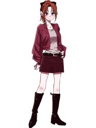  1girl alternate_costume belt black_nails boots brown_eyes collarbone commentary full_body hand_on_own_hip hibike!_euphonium high_heel_boots high_heels highres jacket knee_boots looking_at_viewer nakagawa_natsuki pencil_skirt red_hair red_jacket shirt simple_background skirt solo standing tea_white1998 white_background 