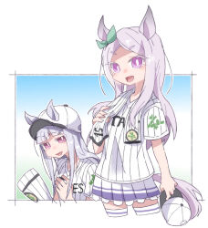  2girls :d animal_ears baseball_cap baseball_uniform beer_hsk colored_eyelashes cropped_legs ears_through_headwear gold_ship_(umamusume) grey_hair hat holding holding_unworn_clothes holding_unworn_hat horse_ears horse_girl horse_tail long_hair mejiro_mcqueen_(umamusume) multiple_girls pleated_skirt purple_hair school_uniform shirt short_eyebrows short_sleeves skirt smile sportswear striped_clothes striped_shirt swept_bangs tail thick_eyebrows thigh-highs tracen_school_uniform umamusume unworn_hat unworn_headwear v-shaped_eyebrows vertical-striped_clothes vertical-striped_shirt violet_eyes white_hat white_shirt white_skirt white_thighhighs 