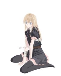  1boy androgynous between_legs black_dress black_thighhighs blonde_hair blue_eyes closed_mouth commentary_request crossed_bangs double-parted_bangs dress eyelashes frilled_sleeves frills full_body hand_between_legs hands_on_floor long_hair looking_at_viewer male_focus midare_toushirou raised_inner_eyebrows re_e_09 short_sleeves simple_background sitting smile solo straight_hair thigh-highs touken_ranbu trap twitter_username wariza white_background 