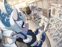  animal_ears bird_girl bird_wings black_hair blue_skin blush colored_skin commentary_request extra_ears feathered_wings fingerless_gloves fox_ears fox_girl fox_tail ginkaku_(kemono_friends) gloves grey_hair hat head_wings highres horns indoors kemono_friends long_hair mcgunngu necktie pants ross's_gull_(kemono_friends) sagojo_(kemono_friends) shirt shoes shorts socks suspenders tail wings yellow_eyes 