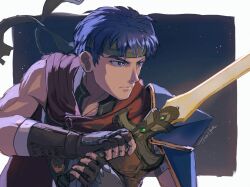  1boy armor blue_eyes blue_hair closed_mouth commentary_request fire_emblem fire_emblem:_radiant_dawn green_headband headband highres holding ike_(fire_emblem) male_focus outside_border pauldrons short_hair shoulder_armor single_pauldron solo tobeflog two-handed upper_body 