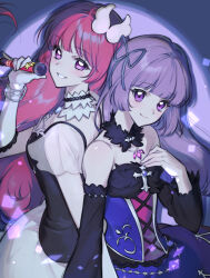  2girls aikatsu! aikatsu!_(series) aikatsu!_x_pripara_the_movie_-deai_no_kiseki!- back-to-back blue_dress blunt_bangs commentary_request crossover detached_collar detached_sleeves dress gloves hair_ribbon hand_up highres hikami_sumire hojo_sophy holding holding_microphone idol idol_clothes jiogdol korean_commentary long_hair long_sleeves looking_at_viewer microphone multiple_girls pretty_series pripara purple_hair purple_ribbon ribbon smile trait_connection violet_eyes white_gloves 