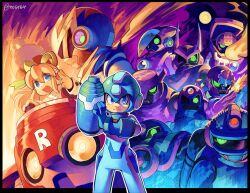  1girl 6+boys air_man arm_cannon blonde_hair blue_eyes blue_helmet break_man character_request crash_man fire_man glowing glowing_eye green_eyes helmet high_ponytail long_hair mega_man_(character) mega_man_(classic) mega_man_(series) mega_man_2 metal_man mogy64 multiple_boys ponytail proto_man red_helmet roll_(mega_man) scarf weapon wood_man yellow_scarf 