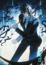  1boy absurdres black_hair black_jacket black_necktie black_pants black_suit ciphertext closed_mouth collared_shirt cracked_mask curtained_hair eye_mask feet_out_of_frame gloves gold_trim highres holding holding_scythe index_(identity)_(project_moon) ink jacket lapels limbus_company long_sleeves looking_at_viewer male_focus mask mask_over_one_eye necktie notched_lapels over_shoulder pants parted_bangs project_moon reverse_grip scythe shirt short_hair sidelocks smile solo suit suit_jacket weapon weapon_over_shoulder white_gloves white_shirt wing_collar xiaorourose yellow_eyes yi_sang_(project_moon) 