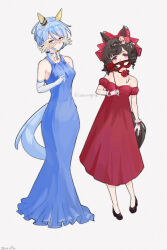  2girls absurdres animal_ears bare_shoulders blue_dress blue_eyes blue_hair blush bow braid breasts brown_hair choker closed_mouth commentary_request daiichi_ruby_(umamusume) dress drill_hair drill_sidelocks ear_covers ear_flower elbow_gloves full_body gloves hair_between_eyes hair_bow hair_ornament highres holding holding_mask horse_ears horse_girl horse_tail k.s.miracle_(umamusume) long_hair looking_at_viewer mask masquerade_mask multiple_girls off-shoulder_dress off_shoulder red_bow red_dress saramiao-chan shoes short_hair side_drill sidelocks simple_background sleeveless sleeveless_dress small_breasts tail twin_drills umamusume violet_eyes white_gloves 