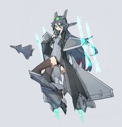  absurdres afterburner breasts canards dress frider gown green_eyes grey_background grey_hair headgear highres j-20_(personification) mecha_musume original personification small_breasts tagme thigh-highs vehicle_and_personification 