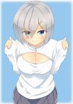  1girl blue_background blue_eyes bob_cut breasts cleavage cleavage_cutout hair_ornament hair_over_one_eye hairclip hamakaze_(kantai_collection) kantai_collection large_breasts long_sleeves looking_at_viewer nenosame_(nenosame5_) open-chest_sweater ribbed_sweater short_hair silver_hair skirt smile solo sweater 