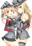  2girls :d anchor_hair_ornament ass bare_shoulders bismarck_(kantai_collection) black_gloves black_panties blonde_hair blue_eyes blush breasts detached_sleeves gloves grey_legwear hat holding_hands interlocked_fingers iron_cross kantai_collection large_breasts long_hair long_sleeves looking_at_viewer military military_hat military_uniform multiple_girls open_mouth panties peaked_cap peko prinz_eugen_(kantai_collection) sideboob simple_background skirt smile thigh-highs twintails underwear uniform white_background white_gloves white_panties 