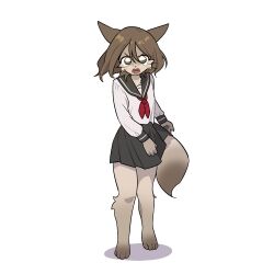  1girl angry animal_feet animal_hands black_skirt body_fur brown_fur brown_hair claws commentary digitigrade fox_girl full_body furrowed_brow furry furry_female green_eyes highres lee_ha-kyung looking_at_viewer medium_hair original school_uniform serafuku simple_background skirt solo standing tail teardrop whiskers white_background 